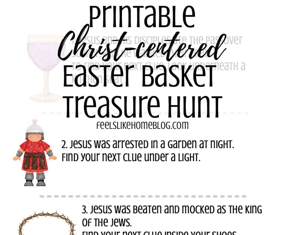 scavenger hunt clues with the title \"Printable Christ-centered Easter basket treasure hunt\"