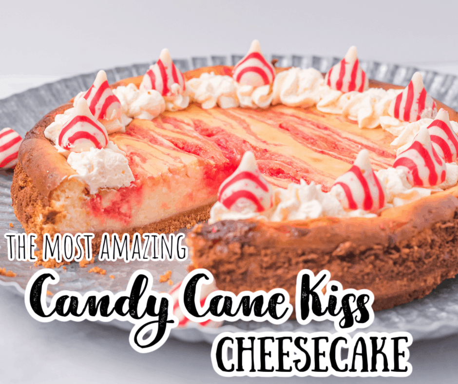 candy cane cheesecake on a silver platter