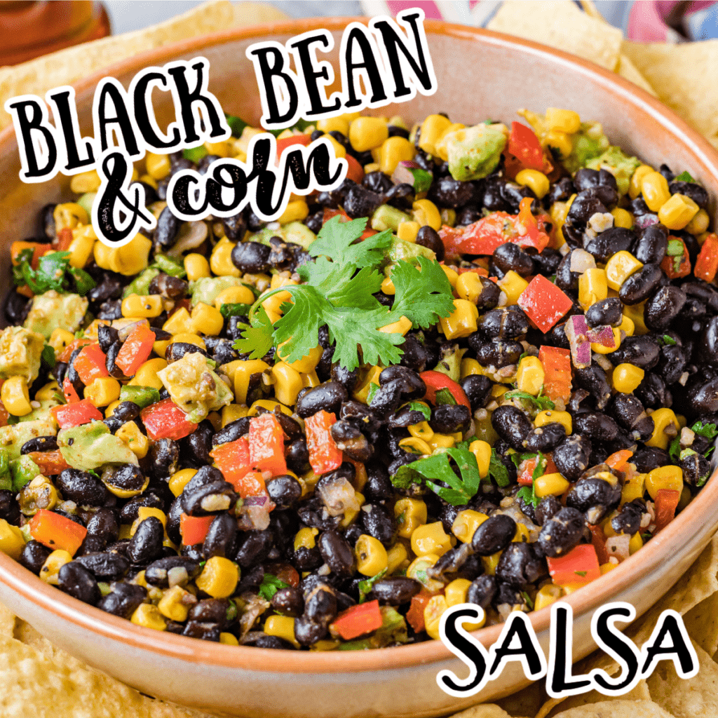 Mexican black bean and corn salsa with avocado in a brown bowl