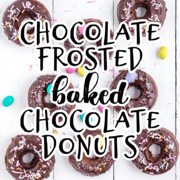 title with chocolate frosted baked donuts in the background