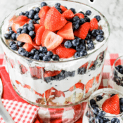 strawberry and blueberry trifle with cream cheese whipped topping and pound cake