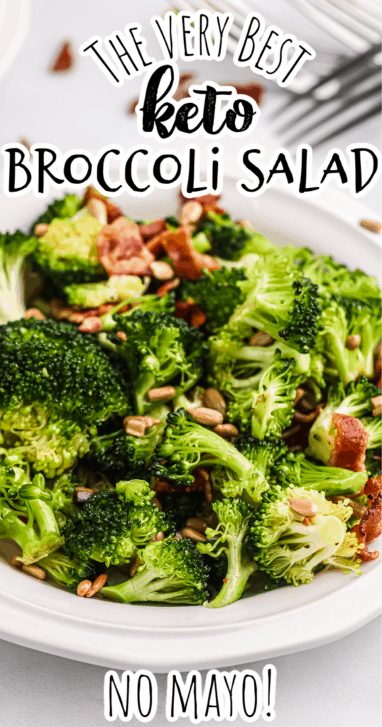 a closeup of low carb broccoli salad in a white bowl