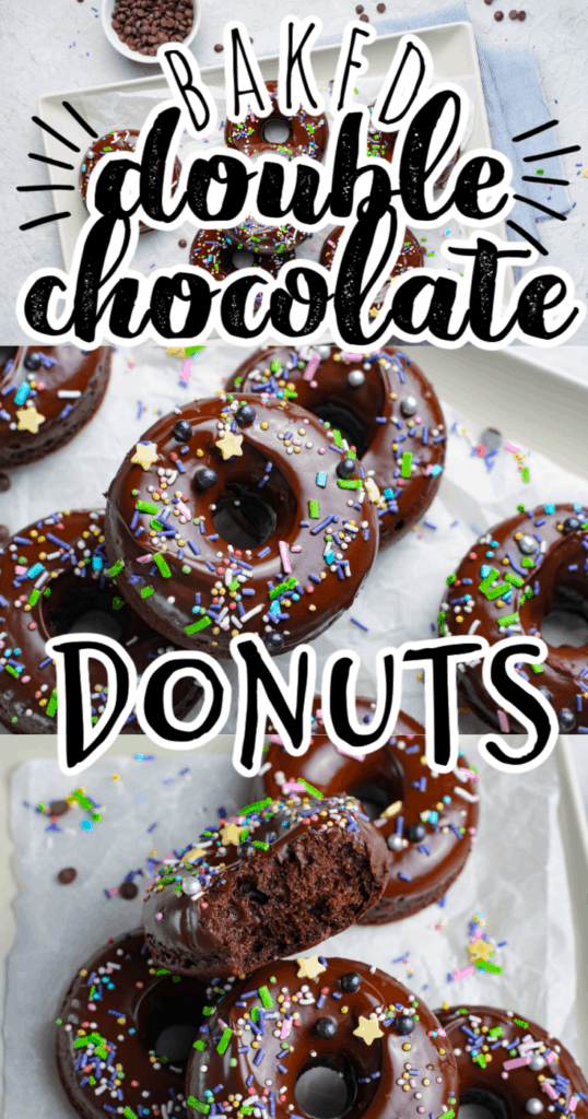 a collage of baked double chocolate donuts