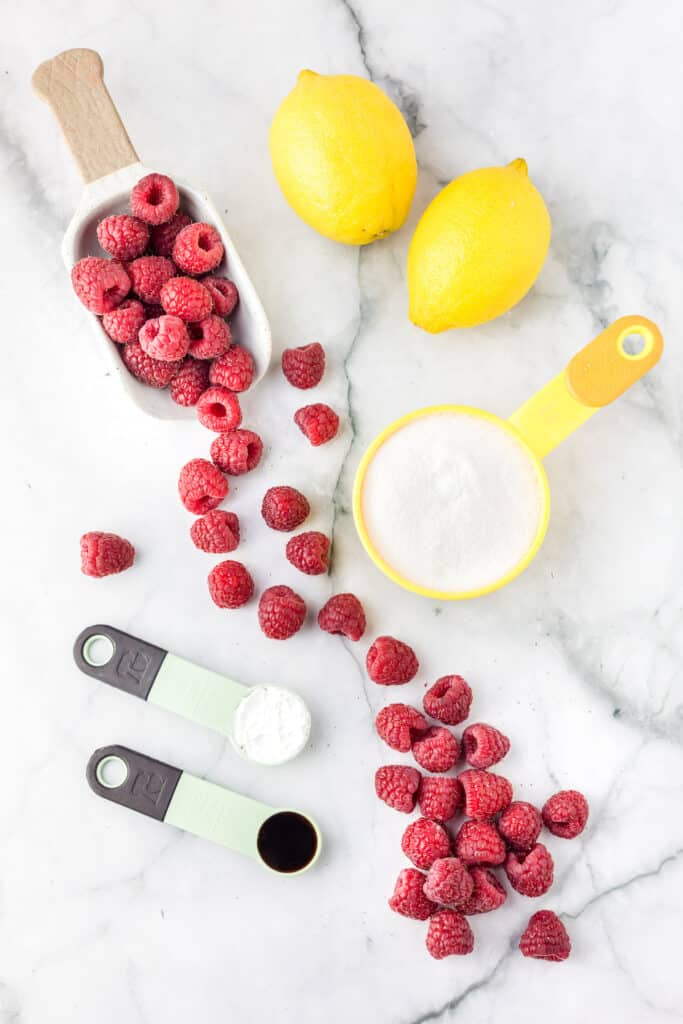 ingredients including fresh raspberries, sugar, lemons, cornstarch, and vanilla