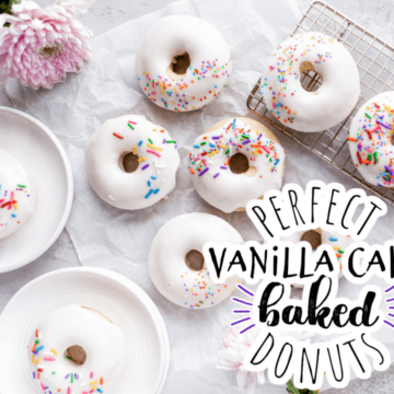 baked vanilla cake donuts with white frosting and colored sprinkles