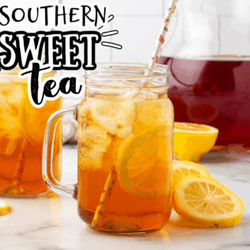 two glasses of sweet tea with a pitcher