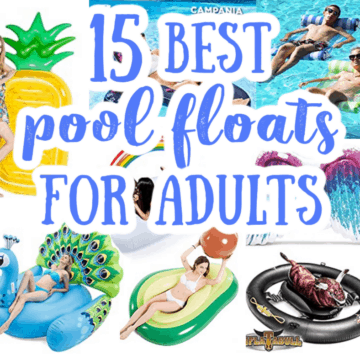 a collage of pool floats for adults