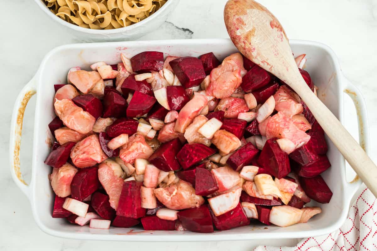 stir up the beets, chicken, and onions with the vinaigrette