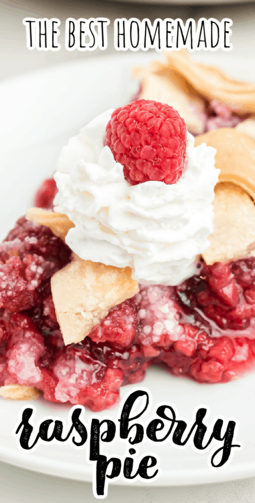 one slice of raspberry pie with whipped cream on top