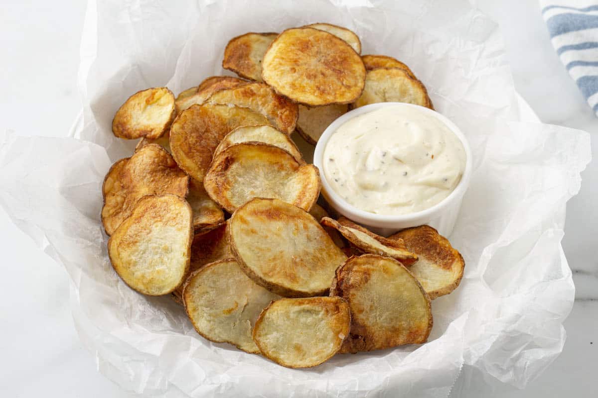homemade air fryer potato chips with garlic aioli