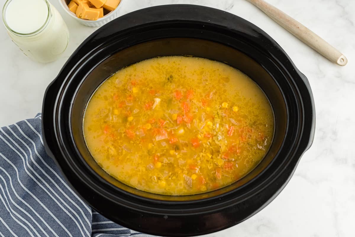 cooked corn chowder in a crockpot