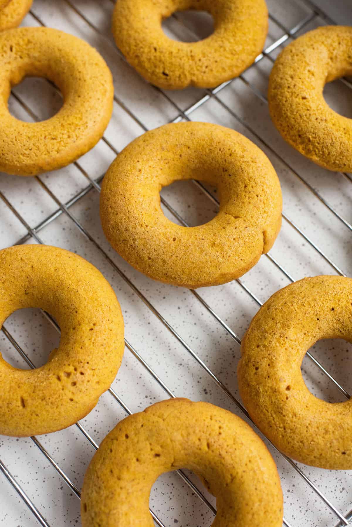 pumpkin spice donuts cooling on a wire rack