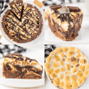 a collage of s'mores cheesecake with toasted marshmallows and homemade hot fudge