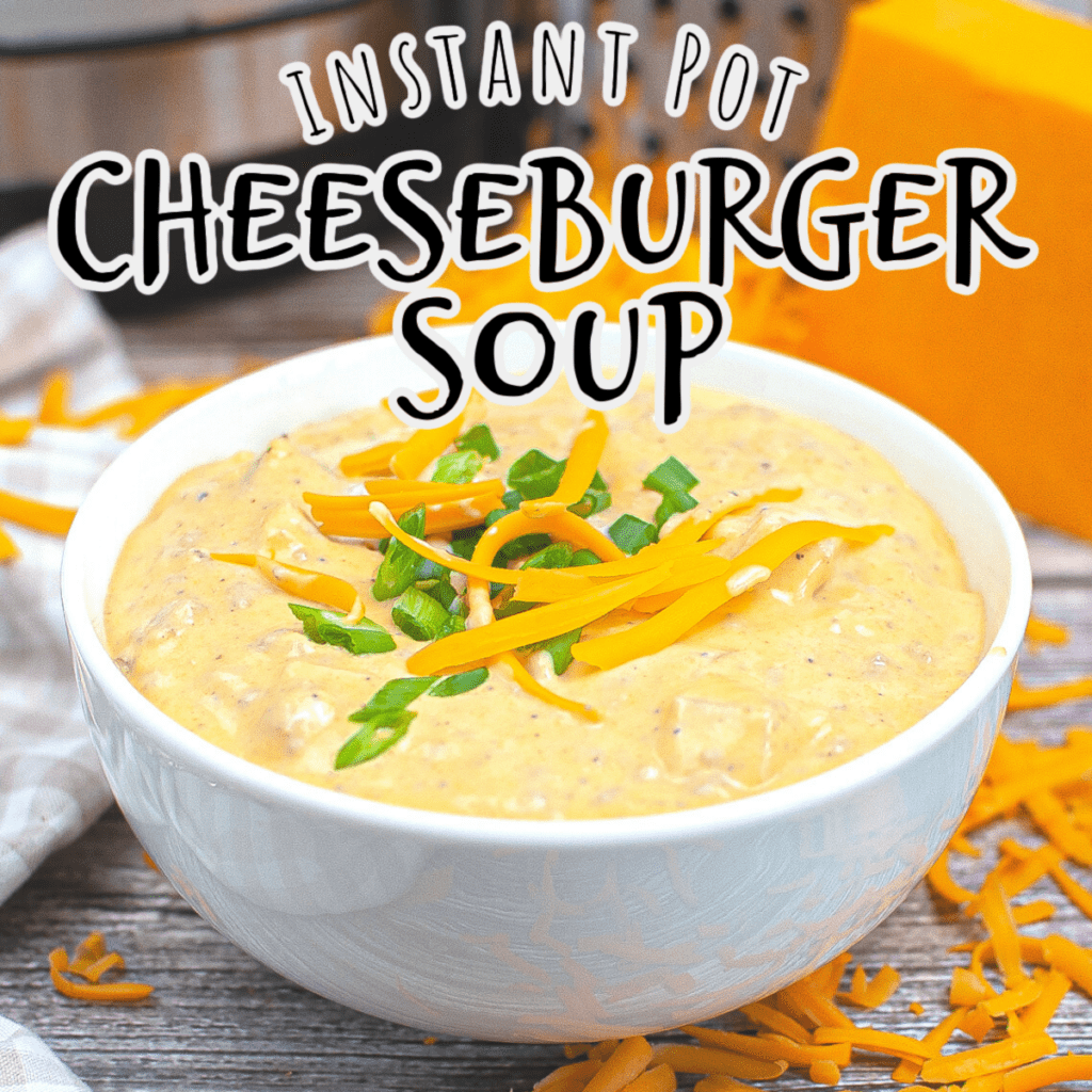 Instant Pot cheeseburger soup in a white bowl