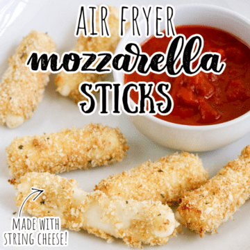 A plate of homemade air fryer mozzarella sticks with marinara sauce