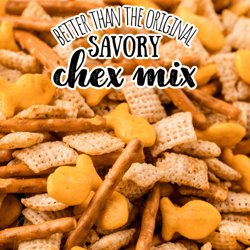 a close up of savory chex mix with goldfish crackers