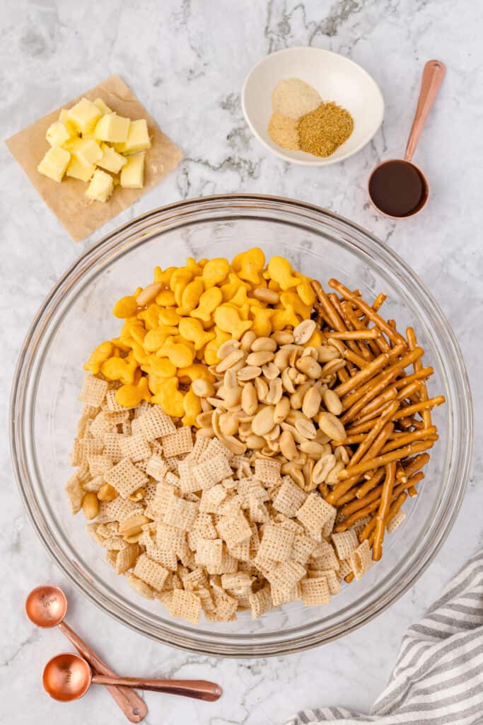 Chex Mix ingredients in a bowl