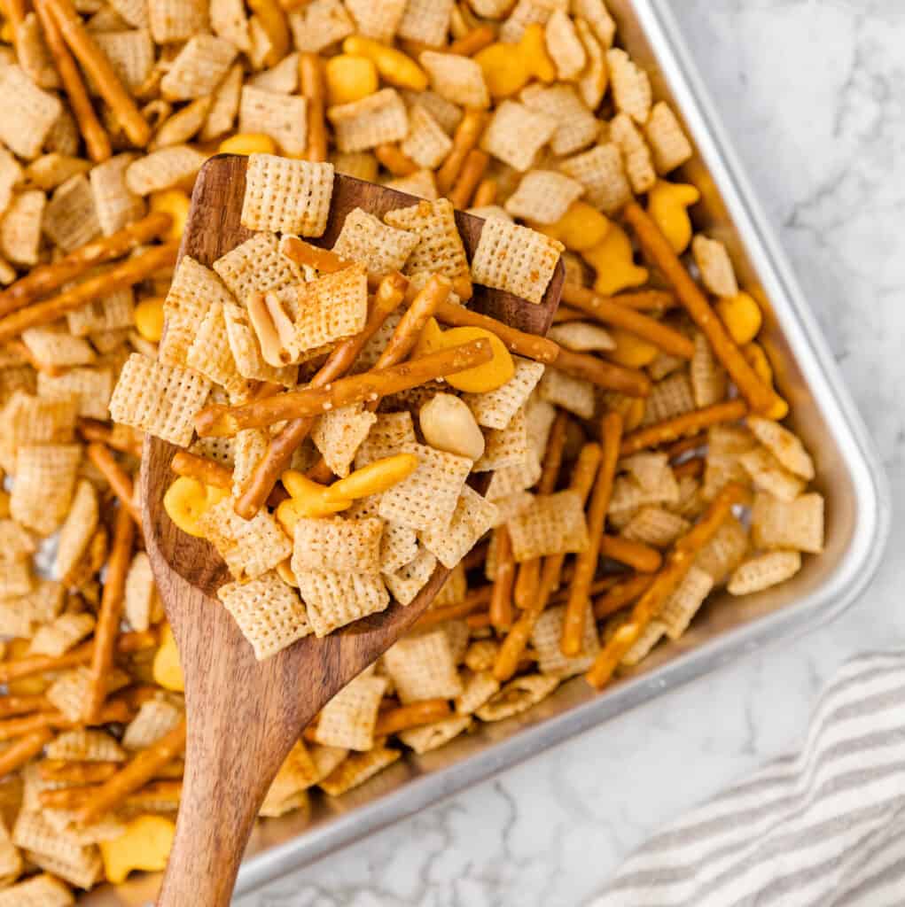 a spoonful of Chex Mix