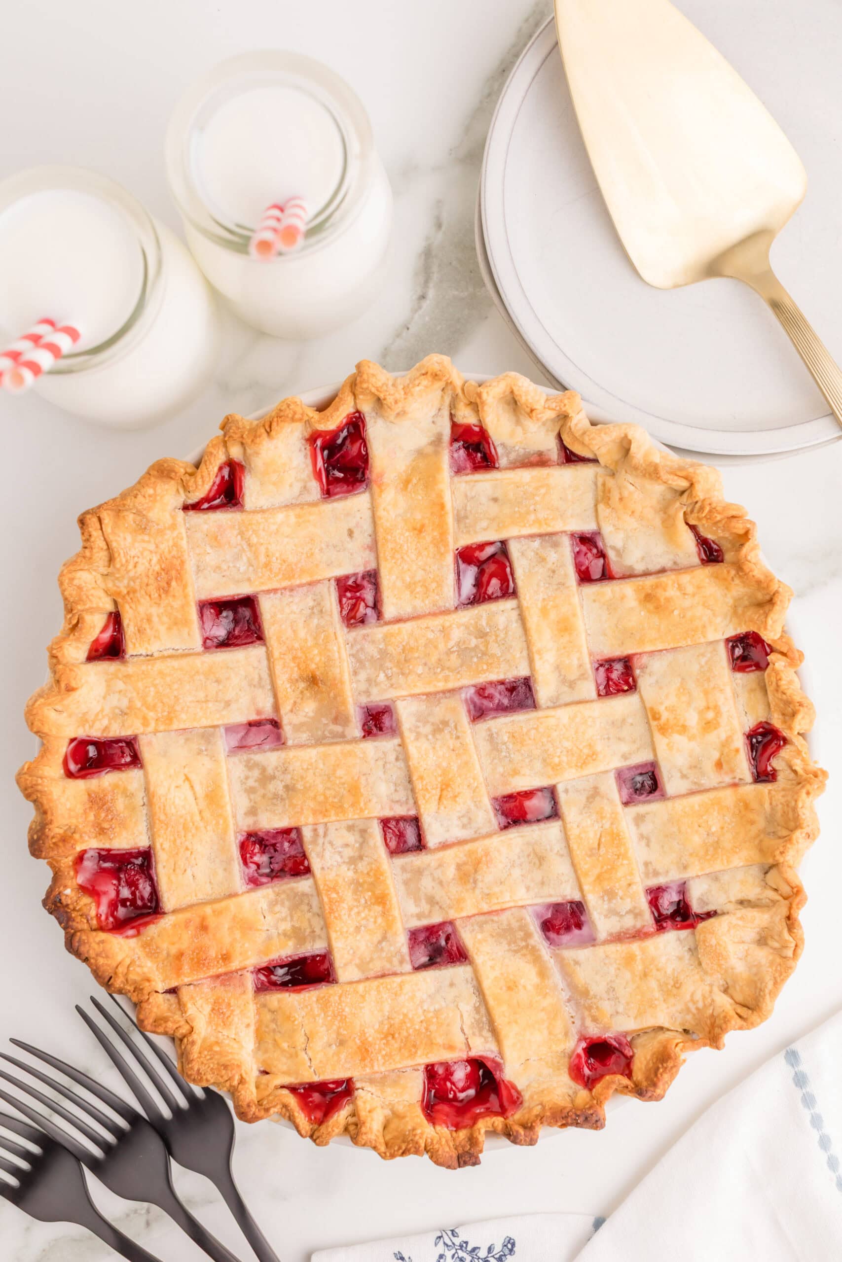 Easy cherry pie with golden lattice crust