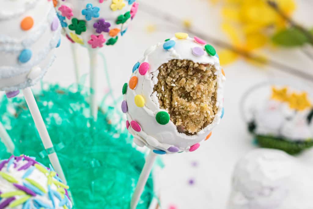 an Easter egg cake pop with a bite out of it