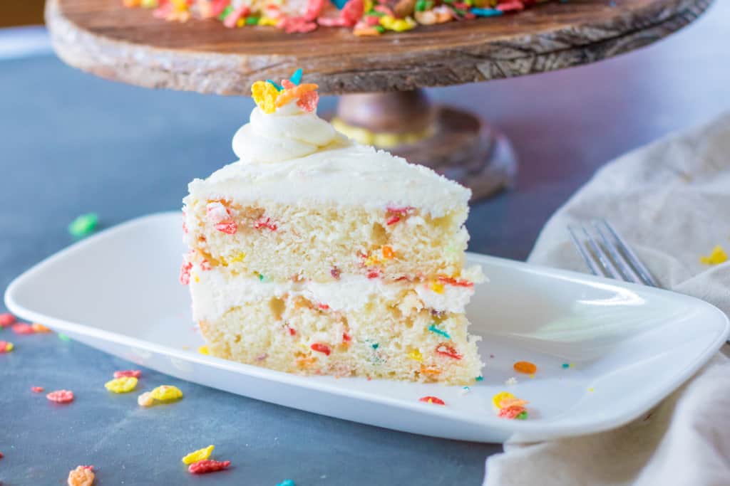 one slice of Fruity Pebbles cake