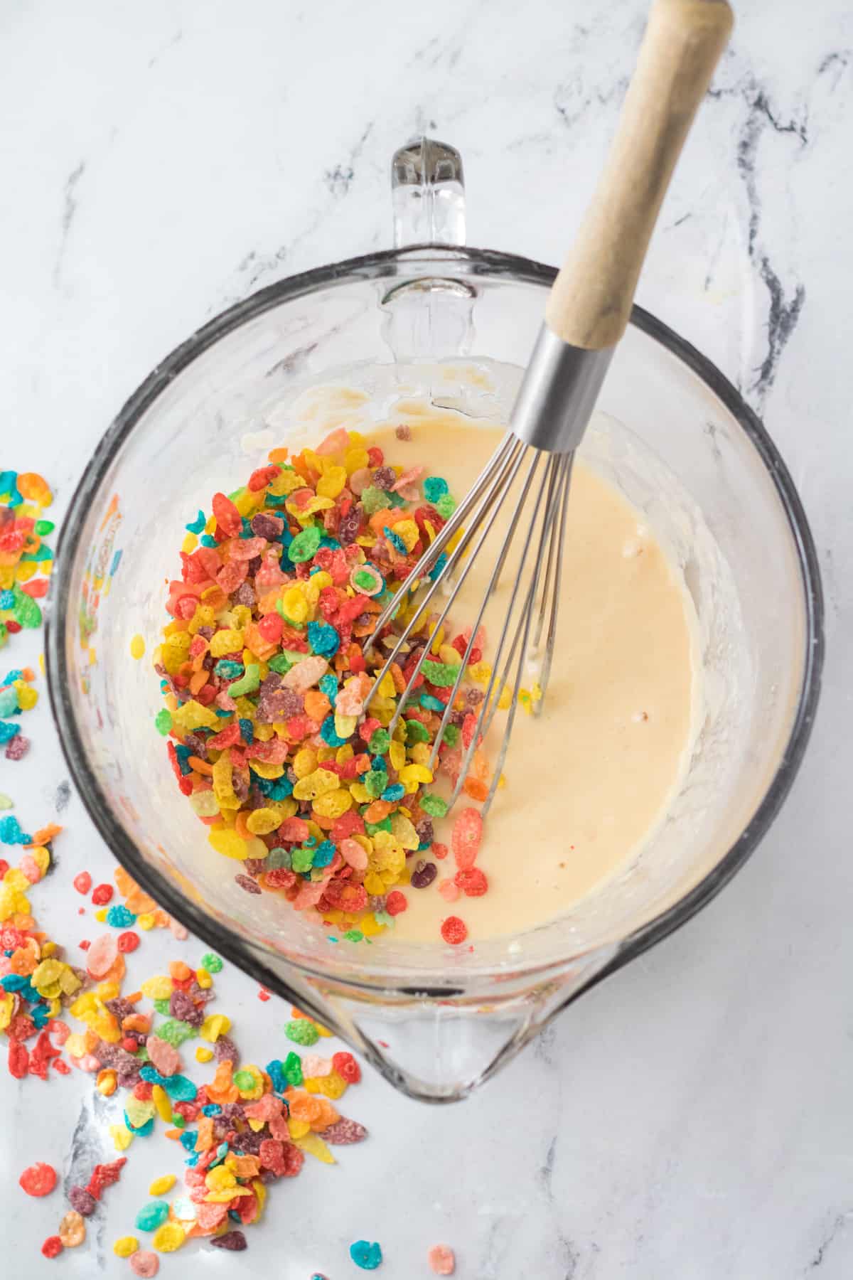 mix the Fruity Pebbles into the pancake batter