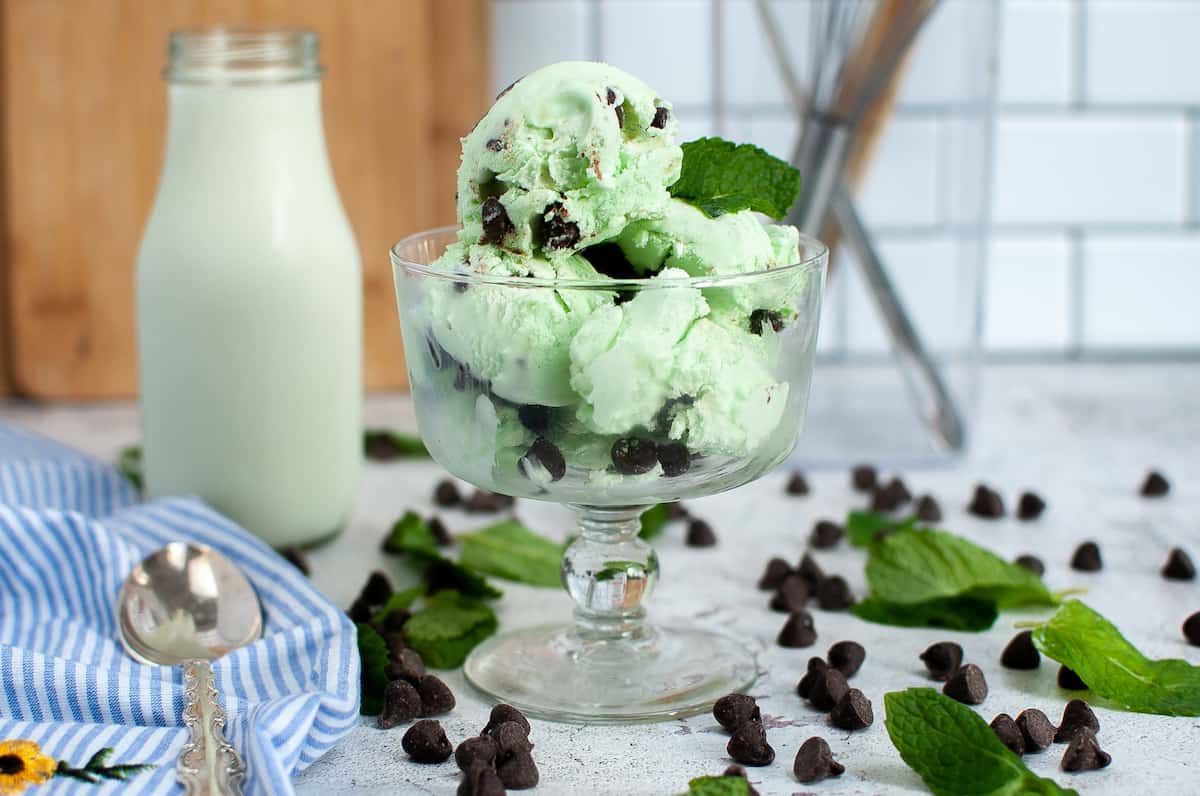 a clear glass dish with several scoops of mint chocolate chip ice cream and a mint leaf