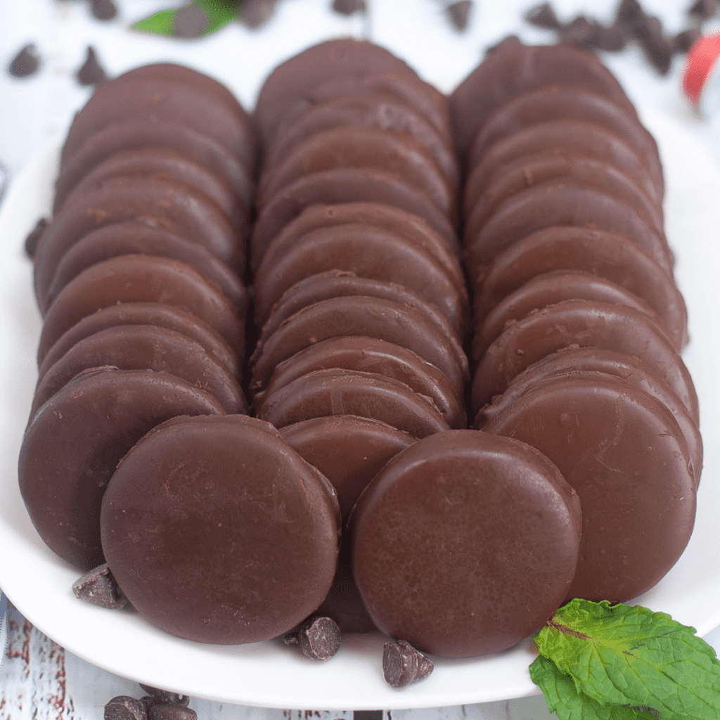 Homemade Thin Mints on a white plate