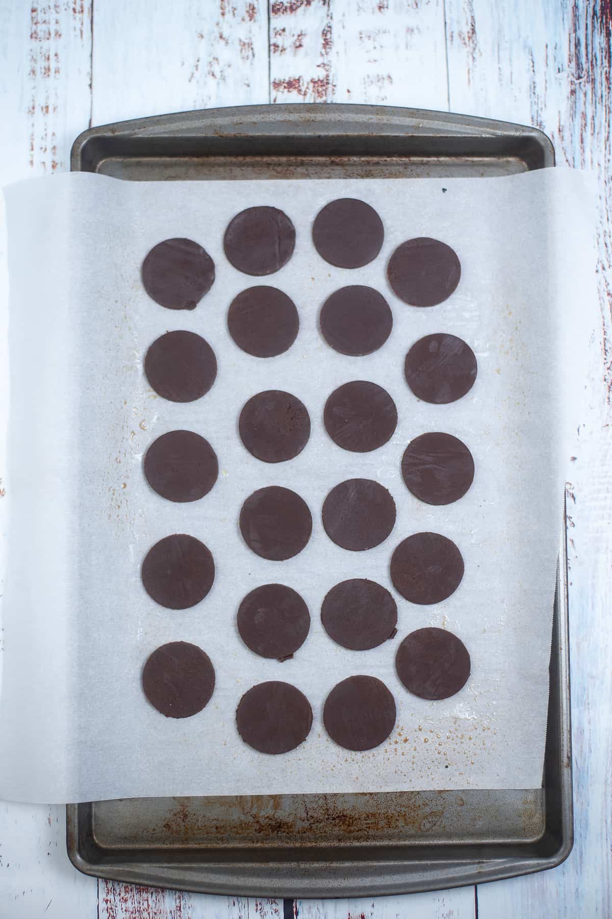 Thin Mints cookies on a cookie sheet