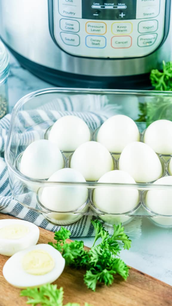 hard boiled eggs in front of the Instant Pot