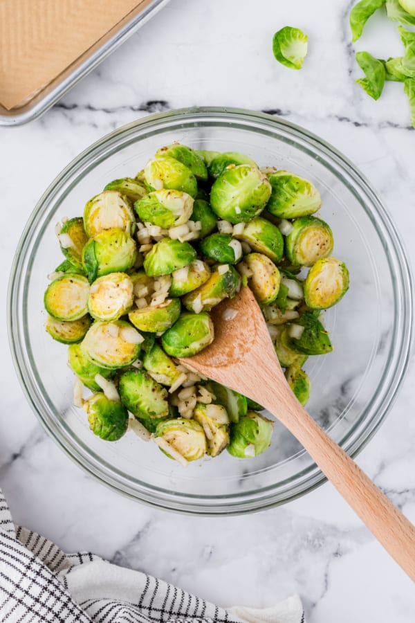 toss the brussels sprouts with olive oil and spices
