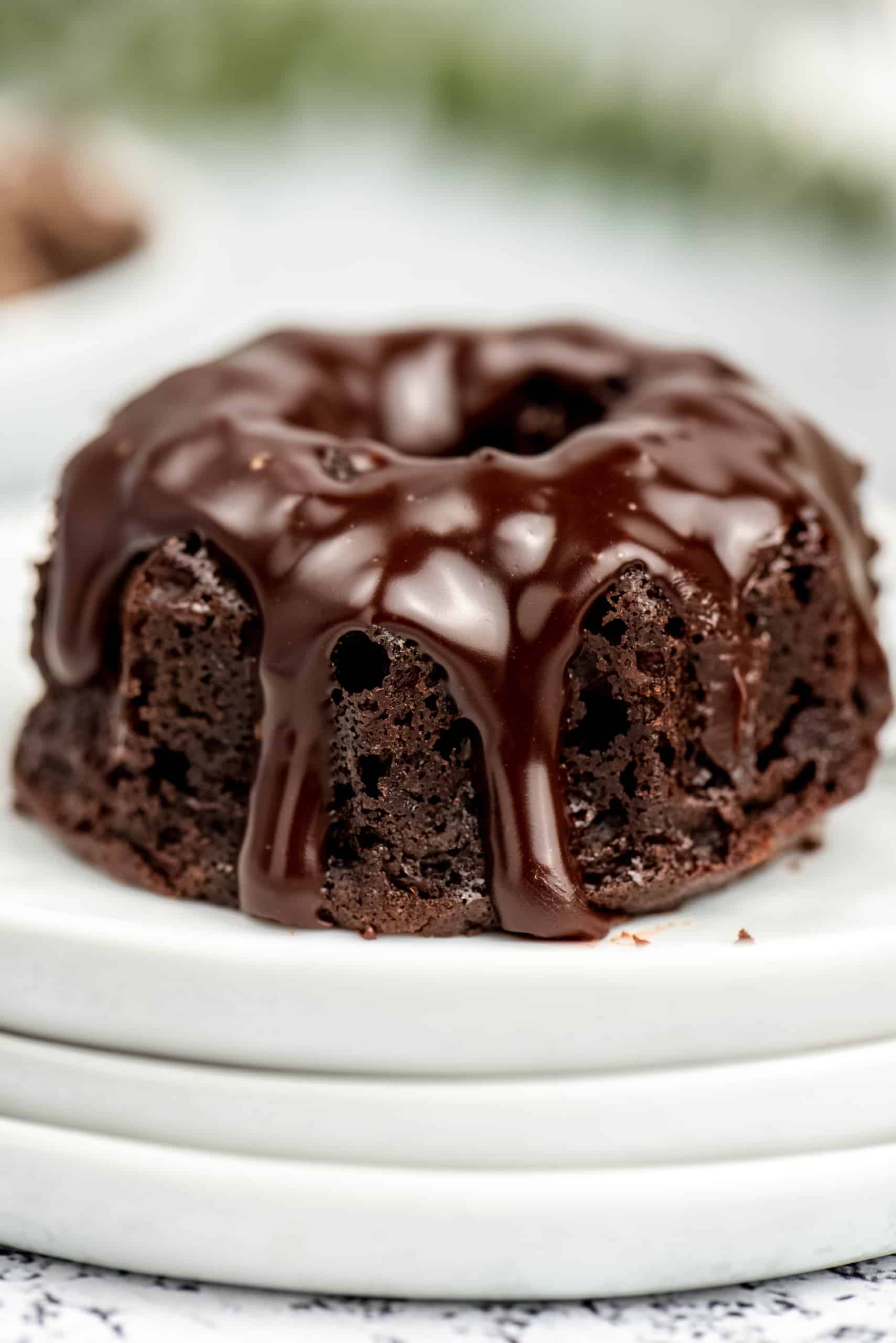 one mini chocolate bundt cake with chocolate ganache on top