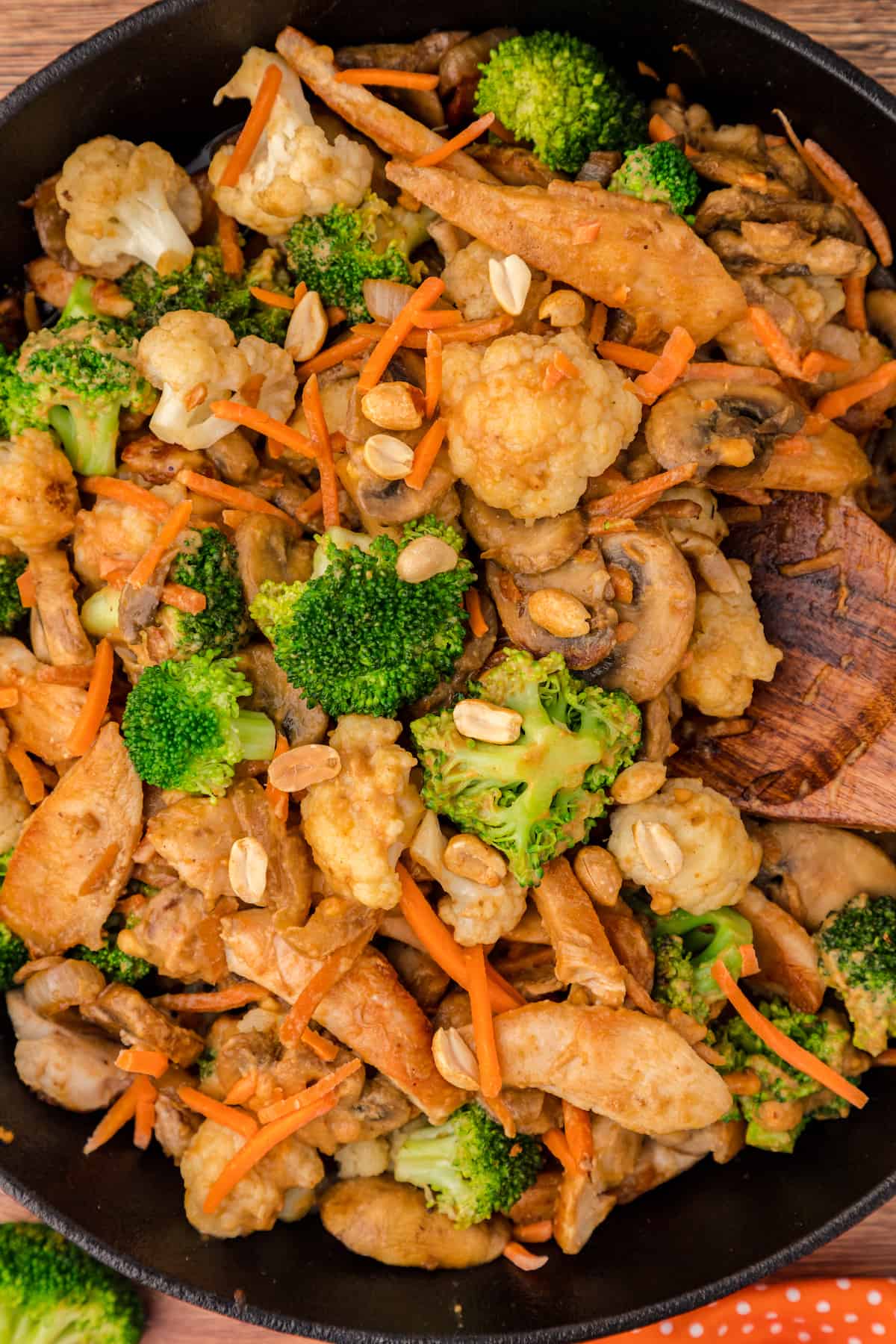 a close up of peanut stir fry