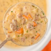one ladle full of crockpot cheeseburger soup