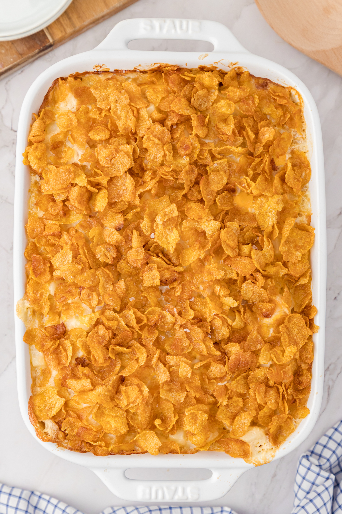cheesy chicken hash brown casserole after it's been baked in the oven