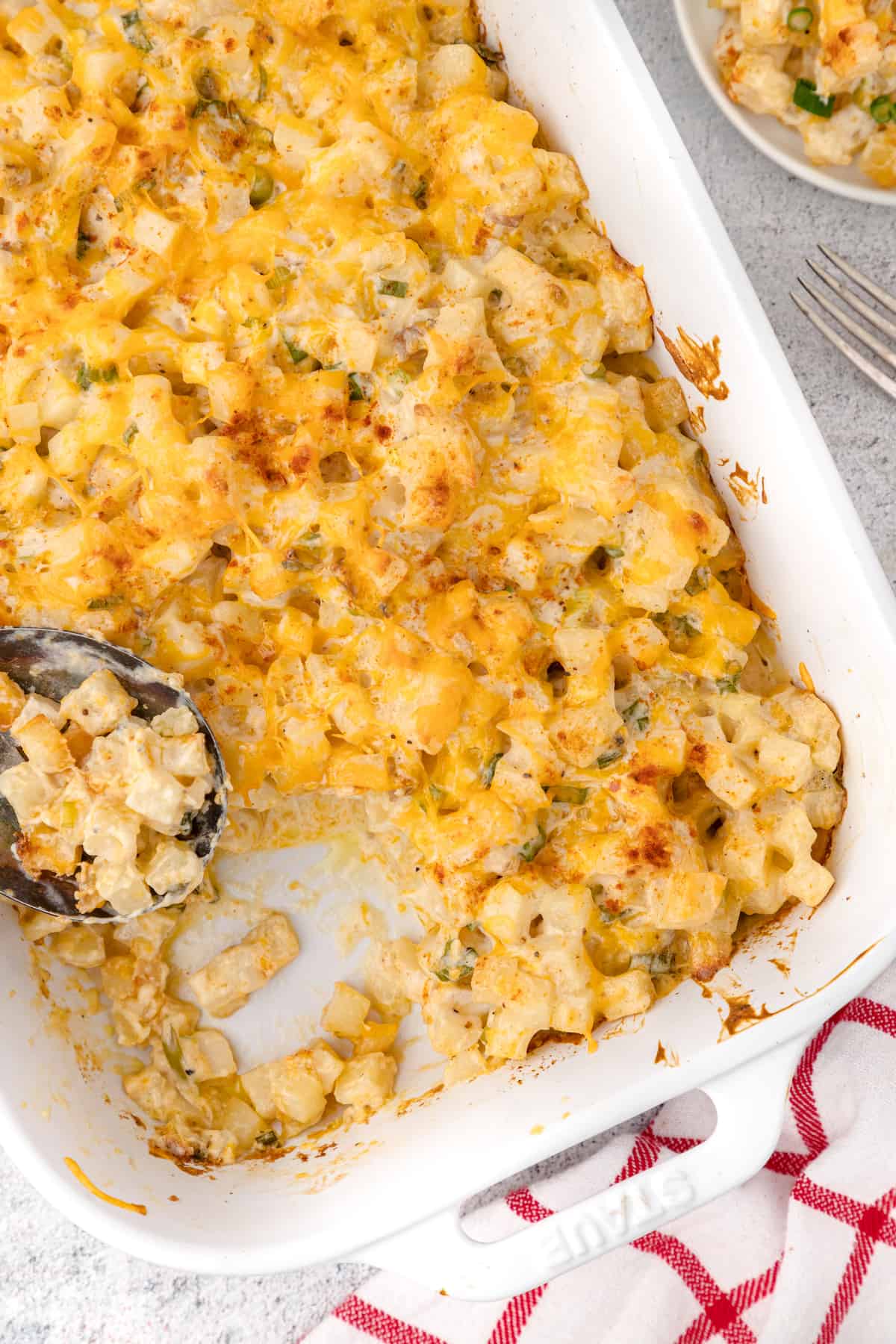 the baking dish full of Weight Watchers hash brown casserole