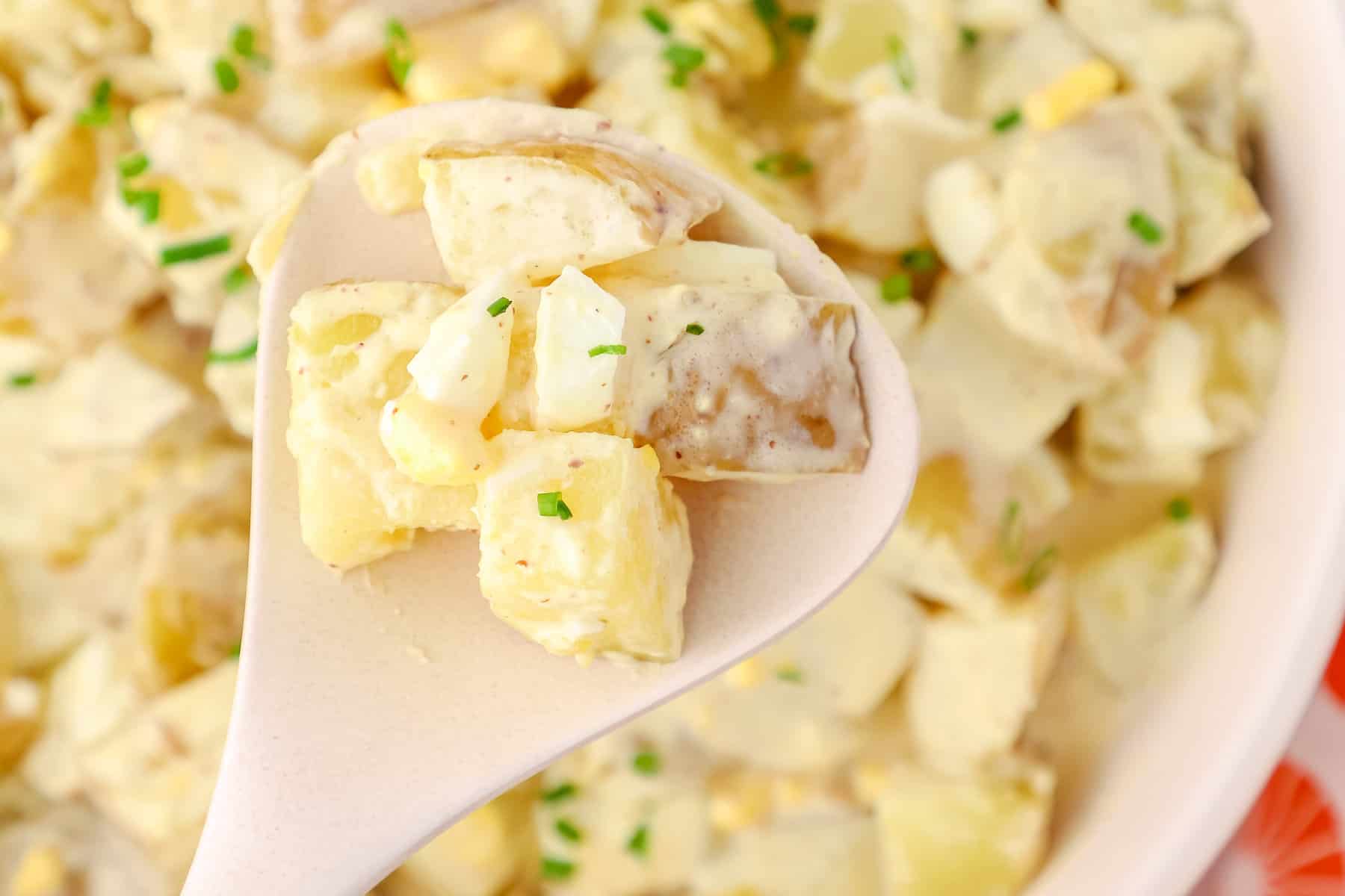 a close up of Instant Pot potato salad with hard boiled eggs