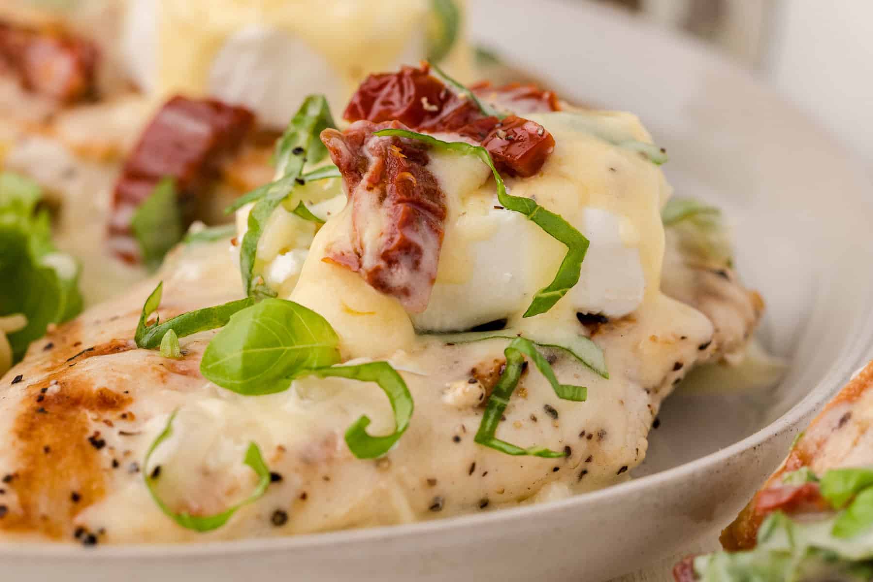 a close up of chicken Bryan with goat cheese, sun-dried tomatoes, fresh basil, and goat cheese