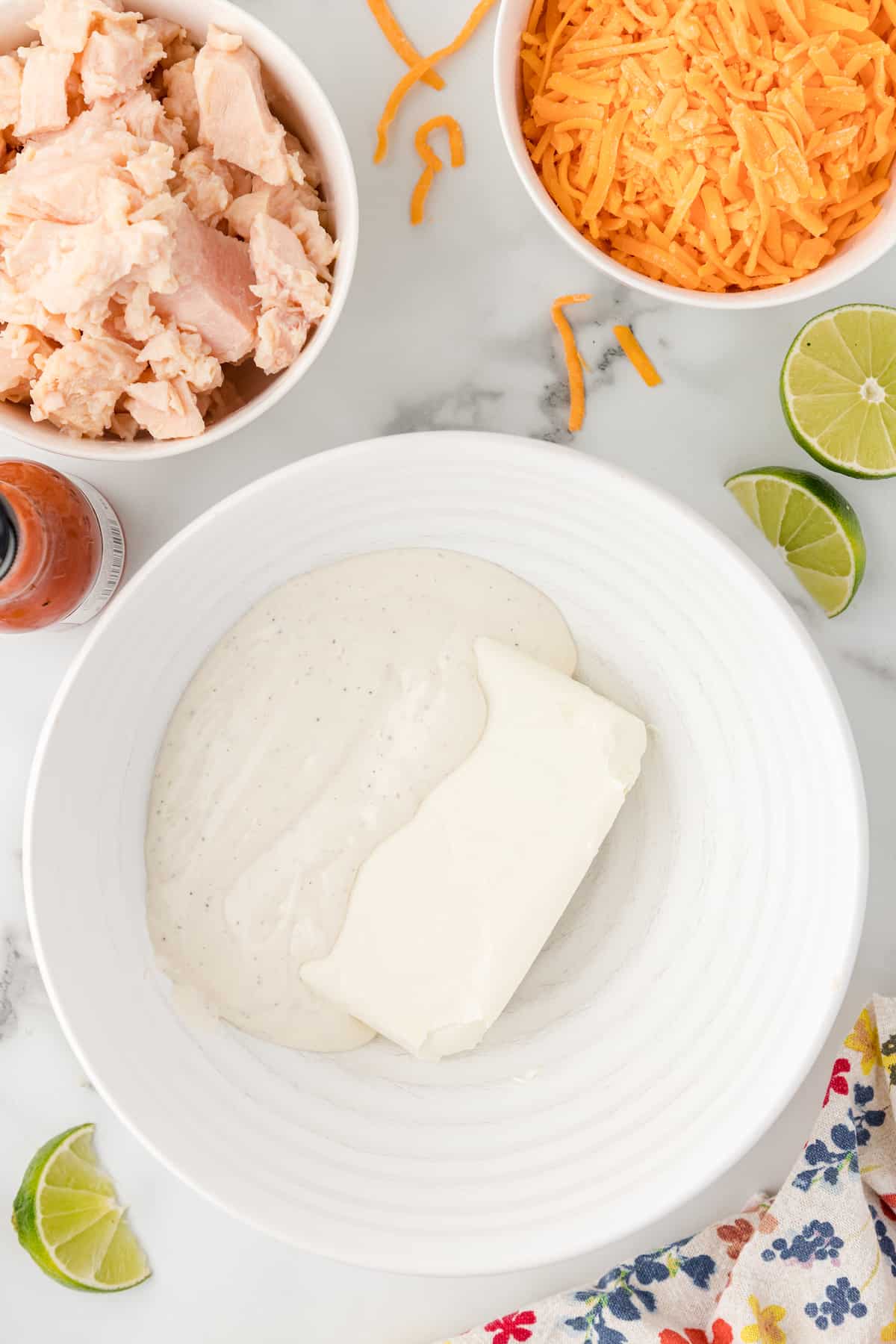 cream cheese and ranch dressing in a mixing bowl