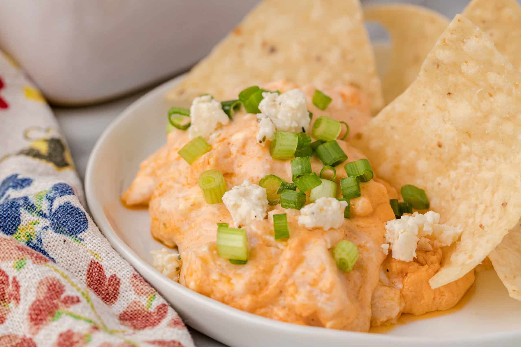 one serving of mild buffalo chicken dip on a white plate