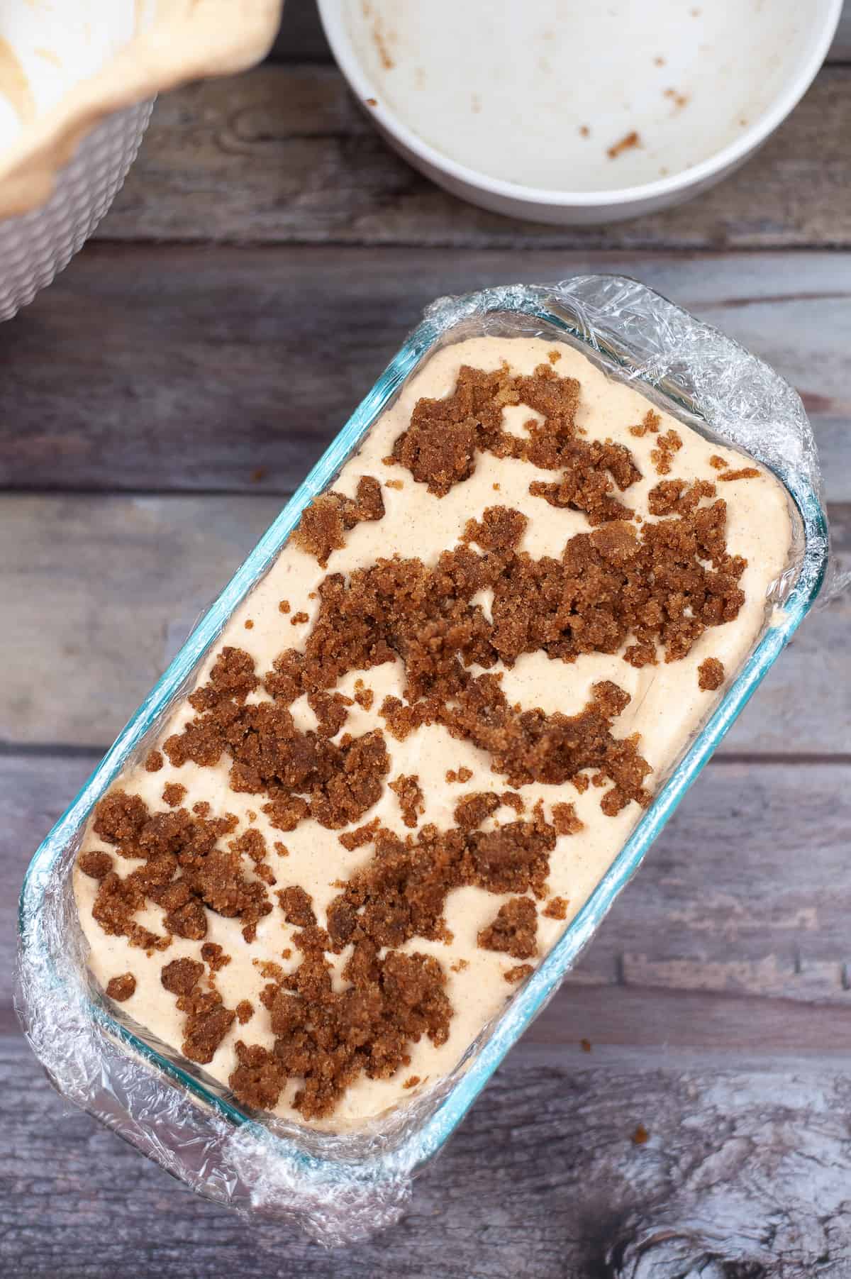 pumpkin pie ice cream in a loaf pan before freezing