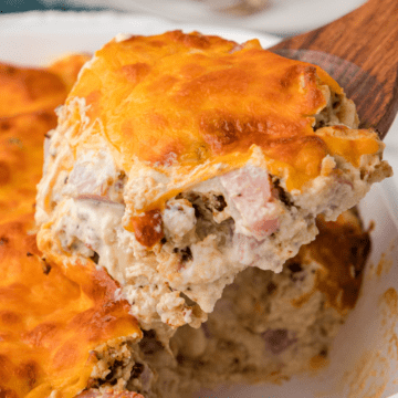 one serving of ham and cheese casserole with cauliflower