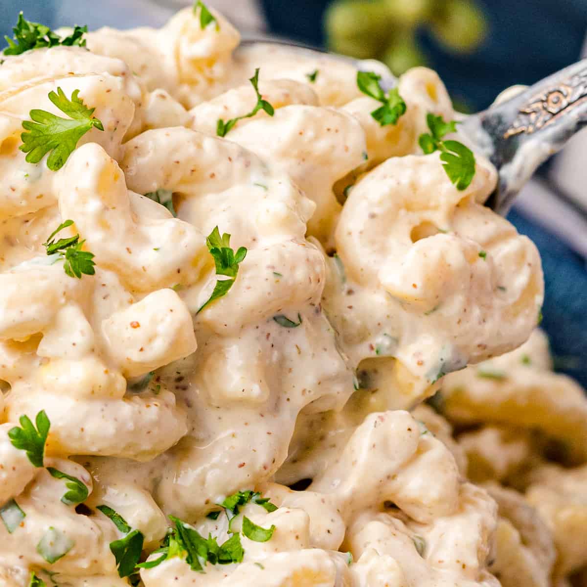 a close up of creamy deviled egg macaroni salad