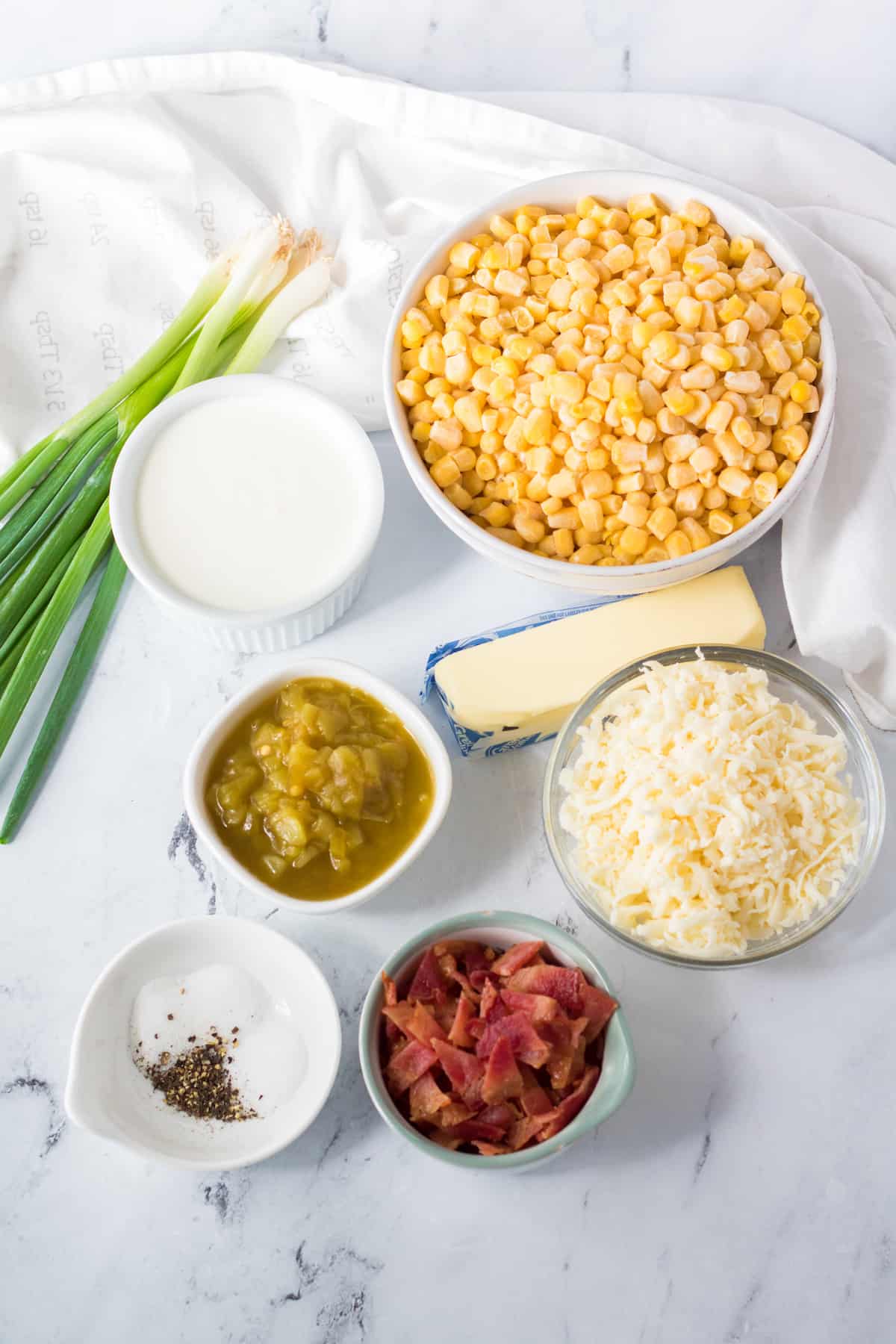 cheesy skillet corn with bacon ingredients