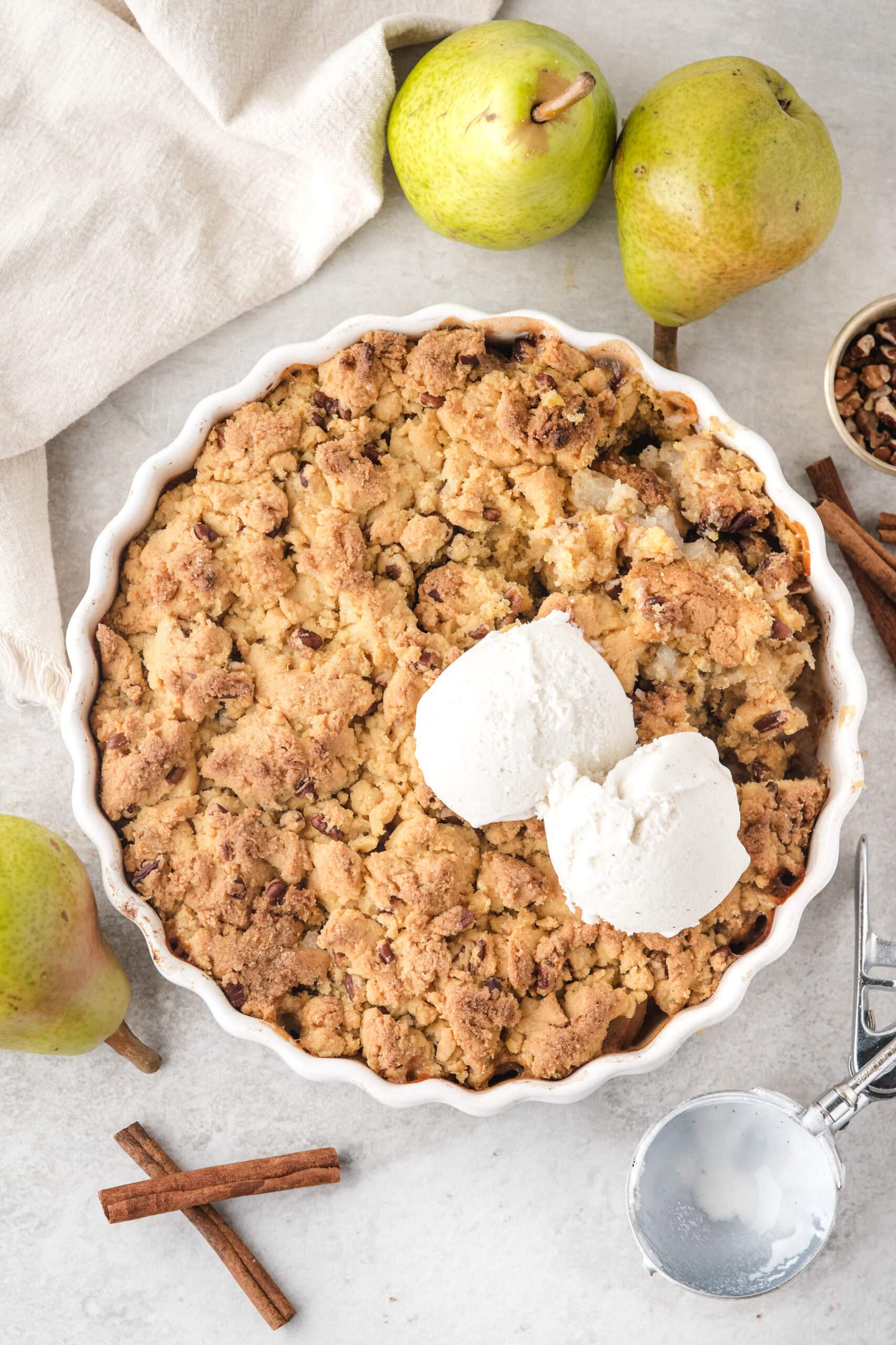 Pear crisp with fresh pears all baked and ready to be served.