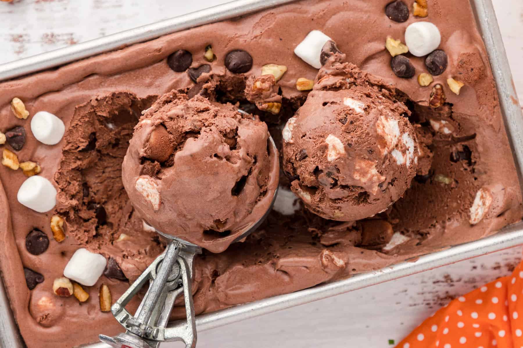 two scoops of no churn rocky road ice cream in a loaf pan