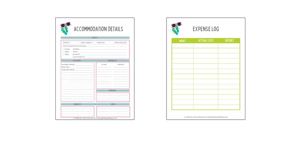 Sample pages from the Family Travel Binder