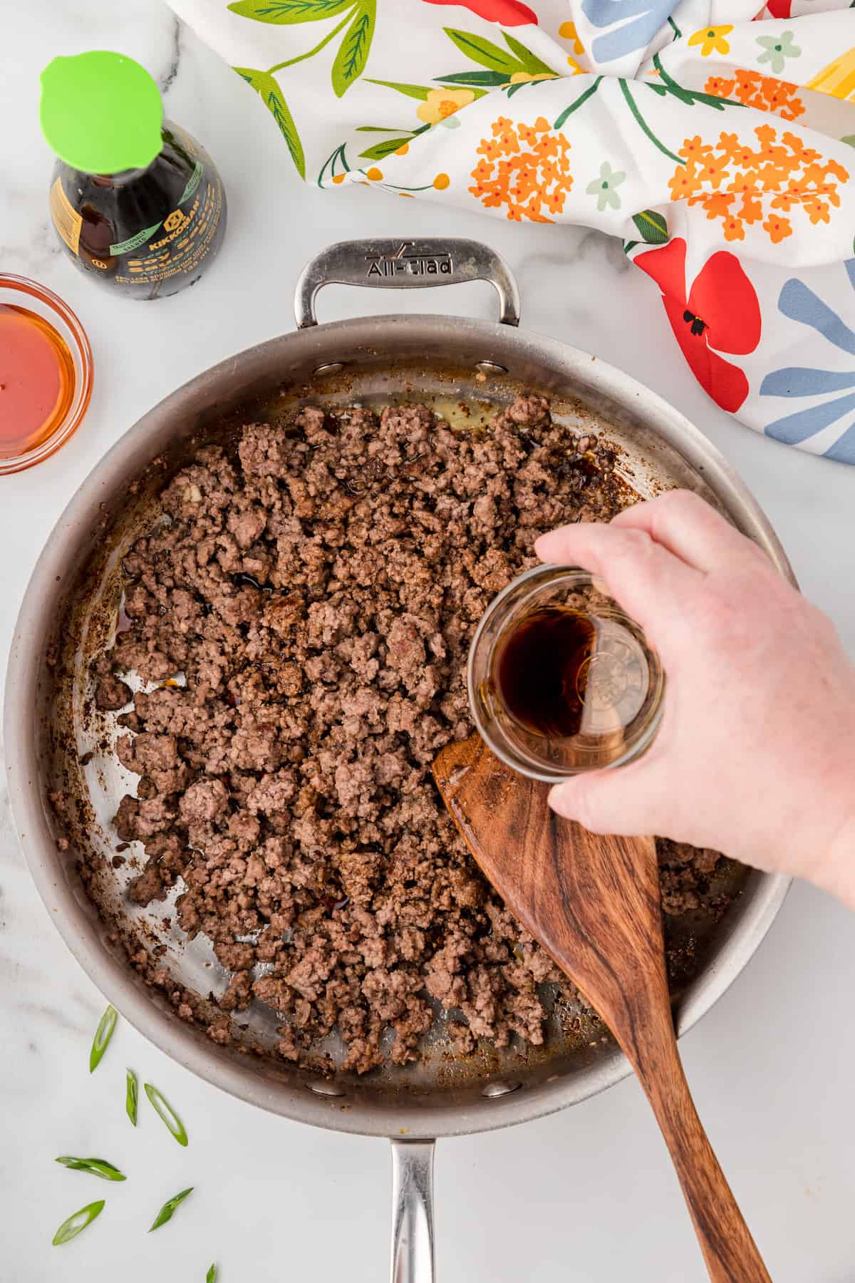 add the soy sauce to the ground beef