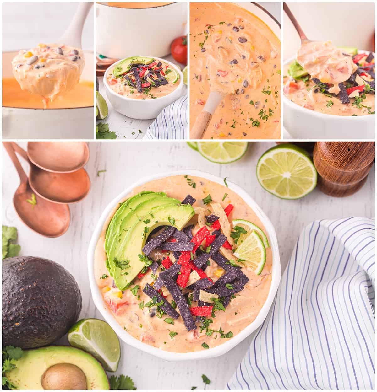 collage of chicken enchilada soup photos