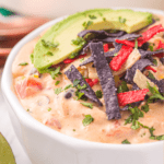 chicken enchilada soup with tortilla strips and avocado